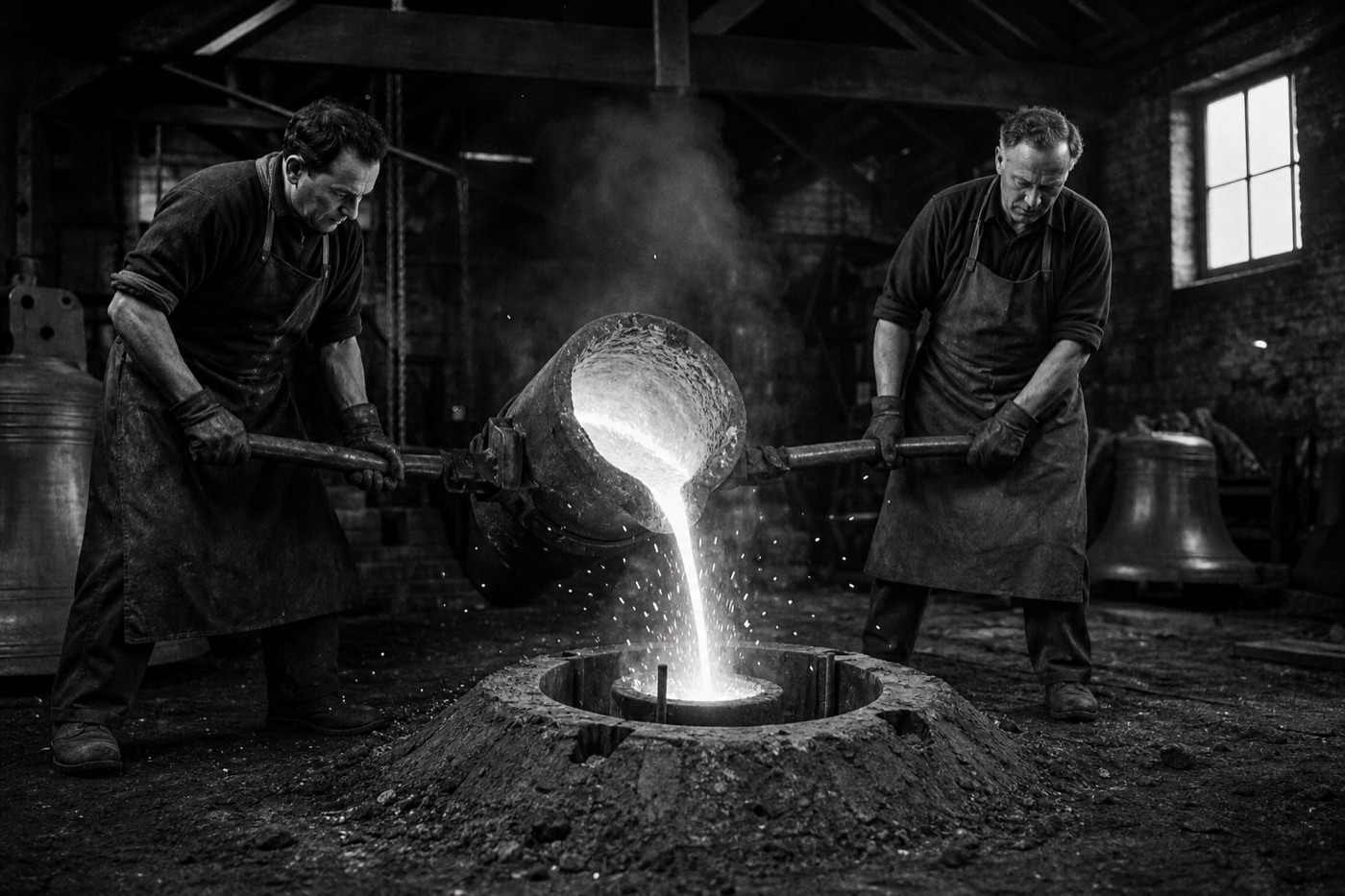Two founders pouring molten bronze from a crucible into a bell mould set in the foundry floor.